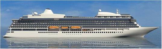 Graphical rendering of one of the new cruise ships. Each newbuilding weighs in at 47,800 gross tons, has a length of 227.2 m, and a width of 28.8 m