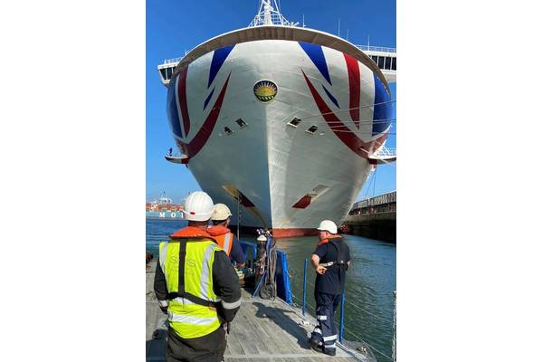 The SMS Group has had the busiest year in its 22-year history as the cruise and marine market re-opened. SMS engineers are pictured with a cruise ship. Photo courtesy the SMS Group
 