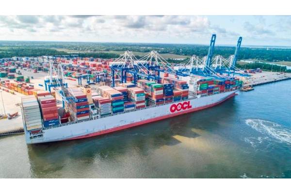 On June 3 SCPA handled record cargo moves on the 13,208 TEU OOCL France, the largest vessel ever to call the Port of Charleston. (Photo: SkyView Aerial Solutions / SCPA)