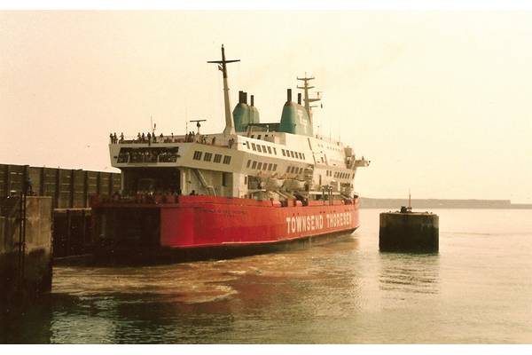 Herald Of Free Enterprise at the dock in Dover, Great Britain. While leaving the Belgian port of Zeebrugge on the night of 6 March 1987, the RoRo ferry left the harbor with her bow-door open, allowing the sea to rush in and flood her decks. She capsized in minutes, killing 193 passengers and crew. Photos: U.S. Coast Guard Archives