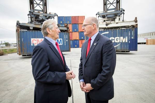 Paul 'Chip' Jaenichen visits with Gary LaGrange at the Port of Greater Baton Rouge to officially award a MARAD grant of $1.75 million for Container on Barge service. The visit and award ceremony was held at the SEACOR AMH office Tuesday, Dec. 6, 2016 at the Port's Inland Rivers Marine Terminal in Port Allen, La. Port of New Orleans (Photo: Port of New Orleans)