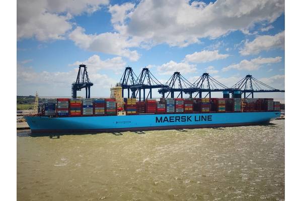 The Madrid Maersk at Felixstowe's Berth 8 photographed by Captain Prithvi Singh, SCS pilot at Harwich Haven Authority, who piloted the Madrid Maersk out of Felixstowe.