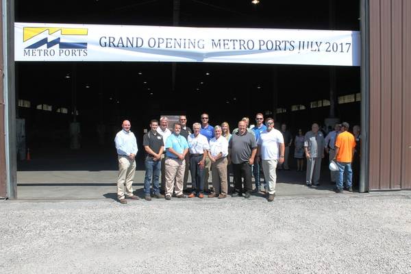 Some of the Metro Ports team in front of the 56,000-sq. ft. shed during the stevedore’s grand opening, Port of Indiana-Burns Harbor, July 18, 2017. (Photo: Ports of Indiana)