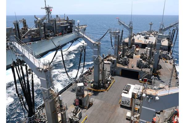 Military Sealift Command's fleet replenishment oiler USNS Joshua Humphreys (T-AO 188) sends fuel to MSC's fast combat support ship USNS Arctic (T-AOE 8) during an underway replenishment at sea in the Atlantic Ocean, July 17. USNS Joshua Humphreys delivered 1.5 millions gallons of fuel to USNS Arctic during the operation. USNS Joshua Humphreys was standing watch as the Military Sealift Command Atlantic Duty Oiler, providing logistic support for U.S. Navy ships operating in the region. (U.S. Navy 