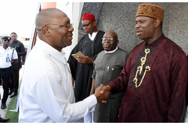 NIMASA General Director, Dr. Dakuku Peterside in a handshake with the Deputy Governor, Delta State, Barrister Kingsley Otuaro during the Day of the Seafarers 2018 

(Photo:NIMASA)