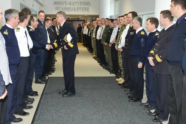 Outgoing Deputy Commander Rear Admiral Martens shakes hand with members of the Operational HQ Staff (Photo courtesy EU NAVFOR)