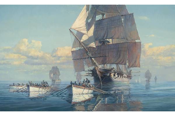 A paintings by Maarten Platje called the Great Chase  tells this amazing story of the US Frigate Constitution being becalmed off the New Jersey coast and becoming engaged in a rowing race to keep out of range of a powerful British Squadron. The Constitution escaped and went on to have her amazing victories that year, but if she had been caught, today we would have never heard of her. Credit Maarten Platje