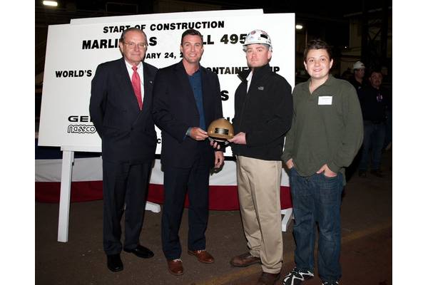 From left: Peter Keller, EVP of TOTE; Congressman Duncan Hunter, Walter Tschernkowitsch, Manager, General Dynamics NASSCO Steel Dept. and Duncan Hunter, Congressman Hunter's son who did the honors of making the first cut of steel on TOTE's new Marlin Class hull #495.