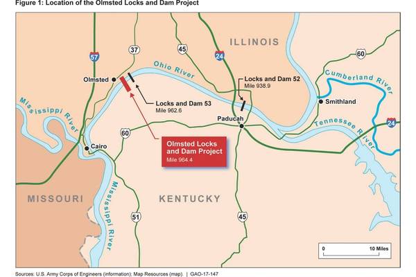 Rendering of the Olmsted Lock and Dam and surrounding river infrastructure (Credit: GAO)