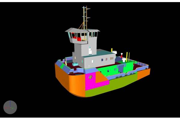 A rendering of the port bow quarter of the new tug showing coupling. (Image: ITB)