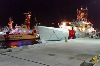 The fast response cutter Richard Dixon (right) docks for the first time in San Juan, Puerto Rico, June 24, 2015, next to Coast Guard Cutter Drummond (left), one of the 110-foot Island-class patrol boats the FRCs are replacing. Richard Dixon is the first of six FRCs to be stationed in San Juan. (USCG photo by Allen Harker)