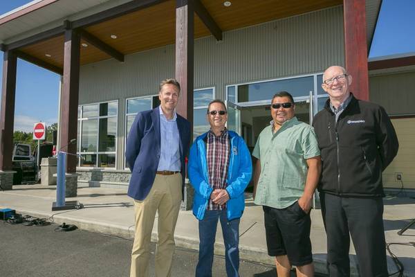 From left to right: Frank Butzelaar, CEO – Seaspan ULC; Wayne Johnny - Snuneymuxw First Nation; Chris Good, Hereditary Chief – Snuneymuxw First Nation; Steve Roth, President – Seaspan Ferries (Photo: Seaspan Ferries)