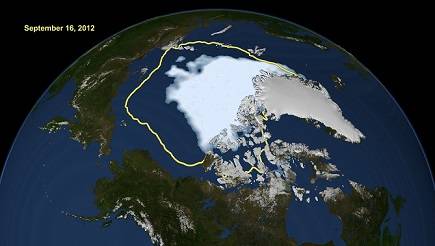 Satellite data reveals how the new record low Arctic sea ice extent, from Sept. 16, 2012, compares to the average minimum extent over the past 30 years. Credit: NASA/Goddard Scientific Visualization Studio.