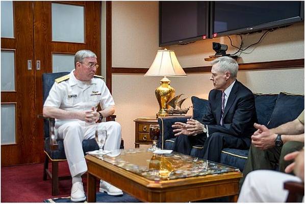 Secretary of the Navy Ray Mabus meets with Vice Adm. John Miller, commander of U.S. Naval Forces Central Command, at Naval Support Activity in Manama, Bahrain. (U.S. Navy photo by Sam Shavers)