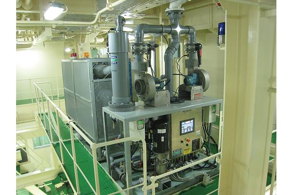 Shipboard installation of electrochlorination system for generating sodium hypochlorite. 