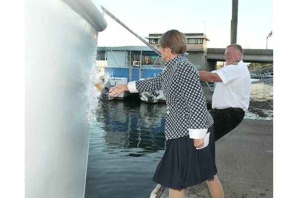R/V Spirit of the Sound christened by her godmother Astrid Heidenreich on Friday, September 26, 2014. She is assisted by boat build project manager Robert Kunkel, Amtech. (Photo courtesy of the Maritime Aquarium at Norwalk)