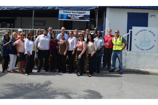 Students from Broward College’s Global Supply Chain Management School, along with representatives from Seafarers’ House, Crowley Latin American Services, and the Seafarers International Union, mark the International Day of the Seafarer at Seafarers’ House. (Photo: Seafarers' House)
