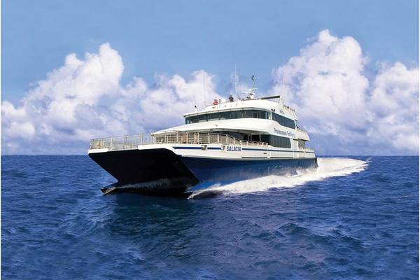 This summer, BHC’s high-speed catamaran Salacia, known as the Provincetown Fast Ferry, made its maiden voyage after undergoing a $2.6 million engine refit. (Photo: BHC)