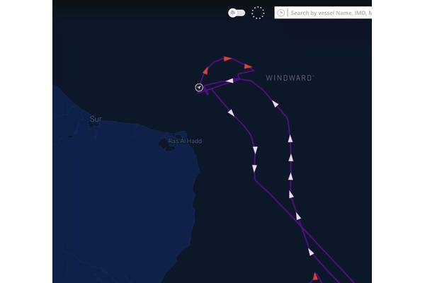 Track of a Russian-flagged tanker approaching the Gulf of Oman, loitering off Oman and turning back toward the Arabian Sea on October 18 to 19. Source: Windward Maritime AI™ Platform.
