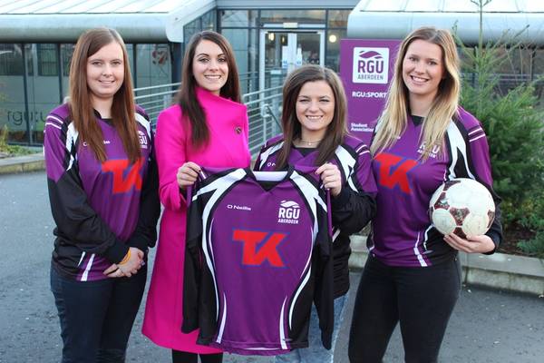 L to R: Vicki Houston, Gemma Gove from Teekay, Cheryl Hogg (RGU Ladies football captain and president) and Abbie Carnegie (Credit:Robert Gordon University) 