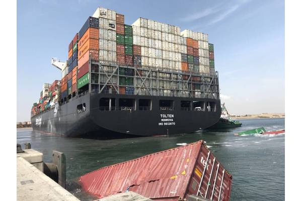 Visible damage to containers aboard MV Tolten, which side-swiped the moored containership MV Hamburg Bay at Pakistan's southern port of Karachi earlier this week (Photo: Hassan Jan)