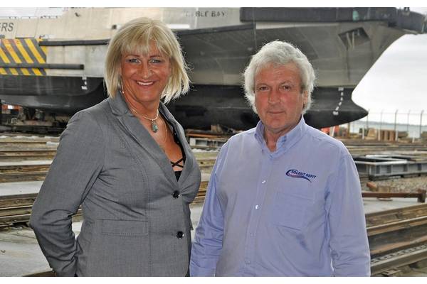 YachtProjects International owner Pippa Nicholas, left, and Allan Foot, MD of Solent Refit, right, at Hythe (Photo: YachtProjects)