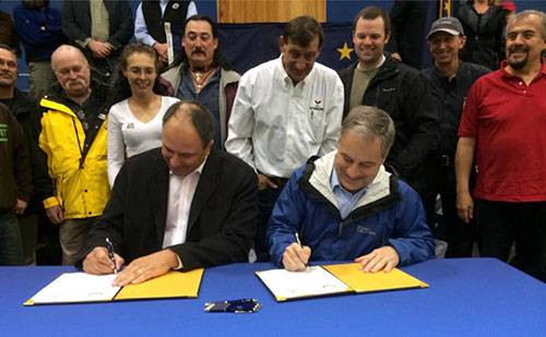 An announcement was made September 20 that Alaska's new ferries will be built in Southeast Alaska. Adam Beck, President of Vigor Alaska and Alaska Governor Parnell sign the agreement. (Photo courtesy Office of the Governor)