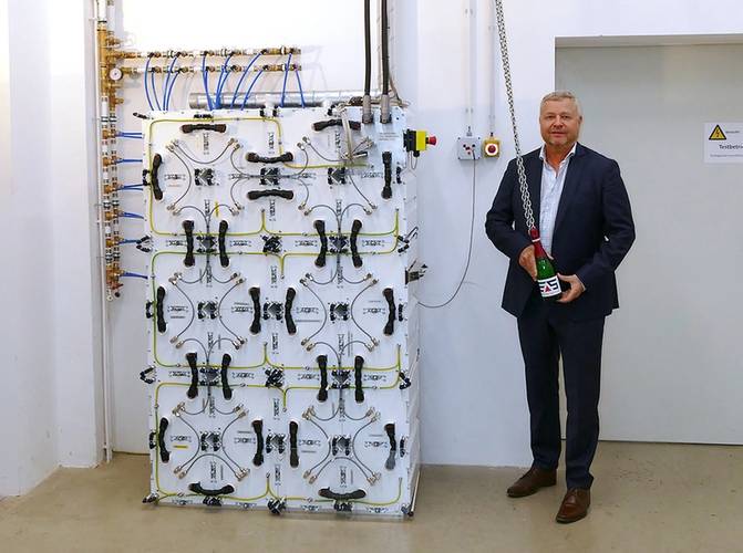 "Burning LI batteries cannot be extinguished": EAS’s Michael Deutmeyer alongside a trademark EASy-Marine module containing lithium iron phosphate cells said to not be combustible. Image courtesy: EAS/Britishvolt